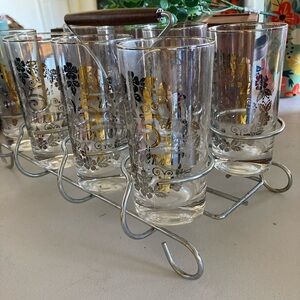 Vintage 25Th Anniversary 8 glass set with metal carrier